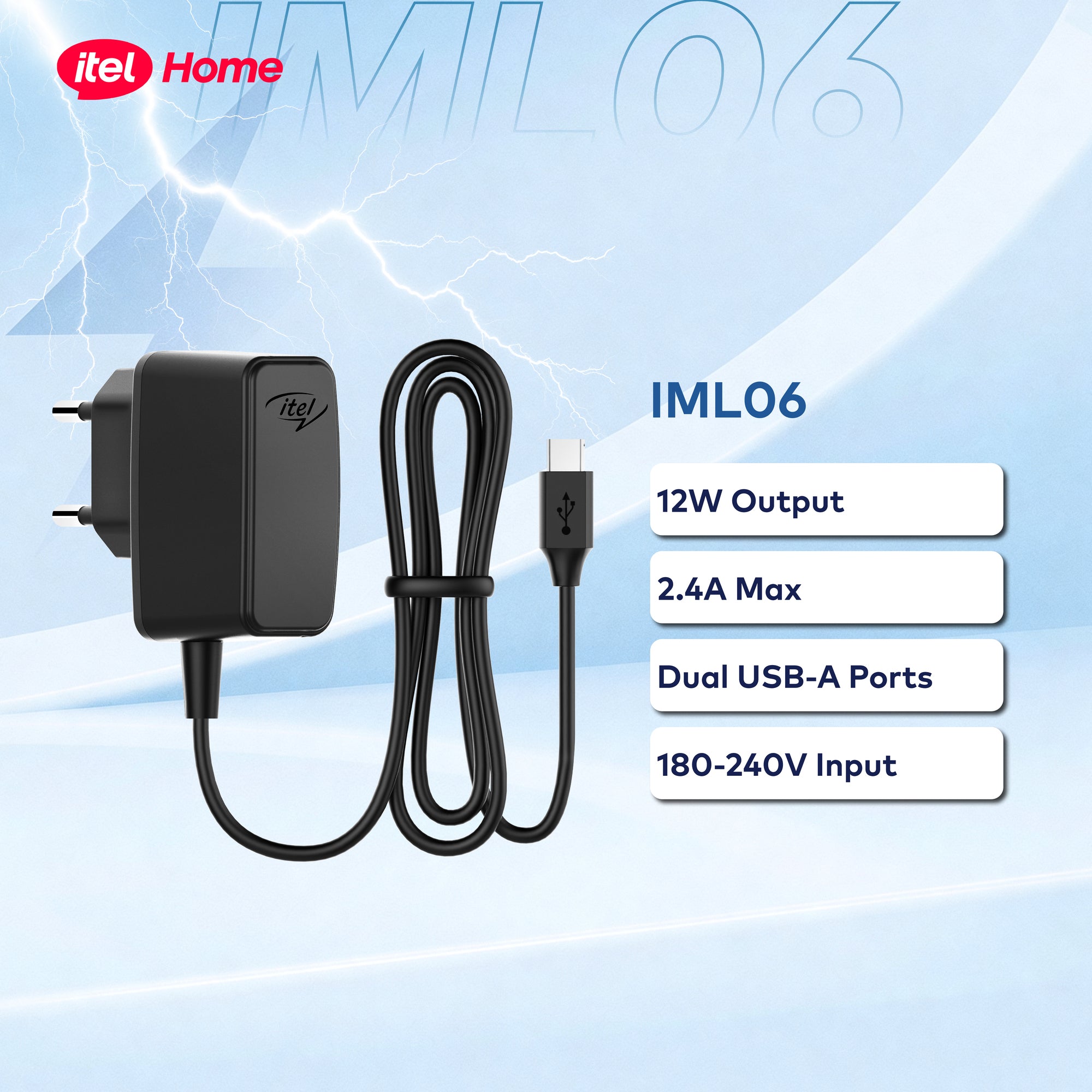 itel IML06 – 12W Dual USB-A Charger with 2.4A Max Output