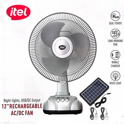 itel Rechargable & Solar Desk Fan 12" 5.5 Hours of Long-lasting Battery Life MOO1
