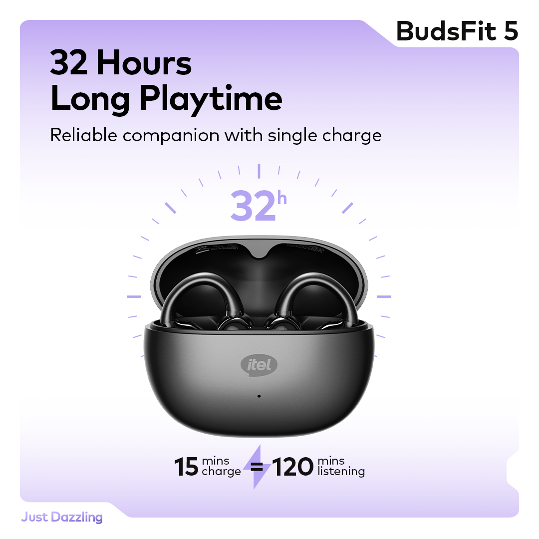 itel BudsFit 5 Earbud C-Bridge Design AI NC IP54 32hrs playtime