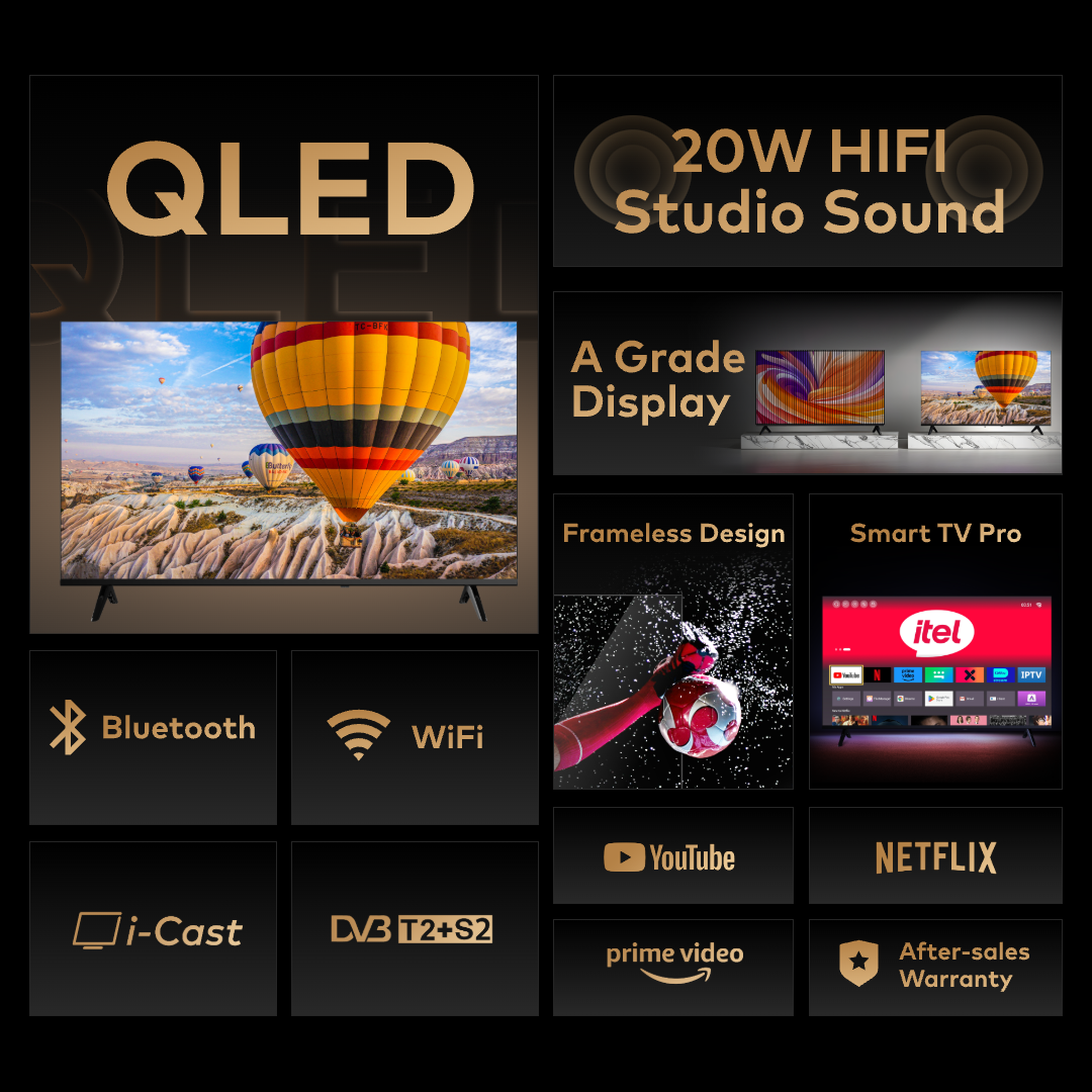 itel 32‘’/43''QLED Android Smart TV grade-A display 20W HIFI Frameless Design Black