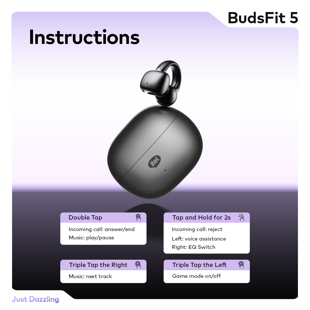 itel BudsFit 5 Earbud C-Bridge Design AI NC IP54 32hrs playtime