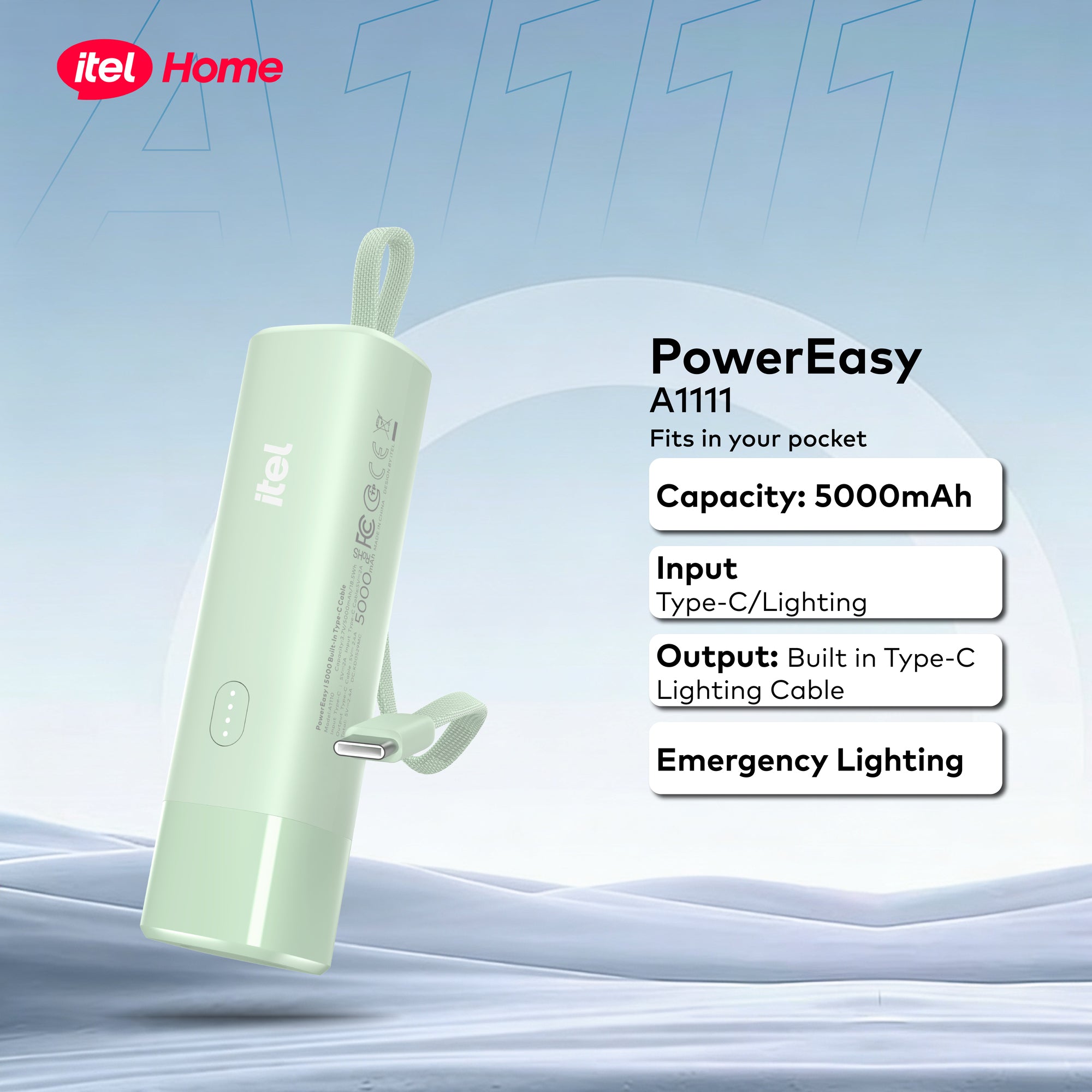 itel PowerEasy A1111 – 5000mAh Pocket-Sized Power Bank with Built-in Type-C & Lightning Cable