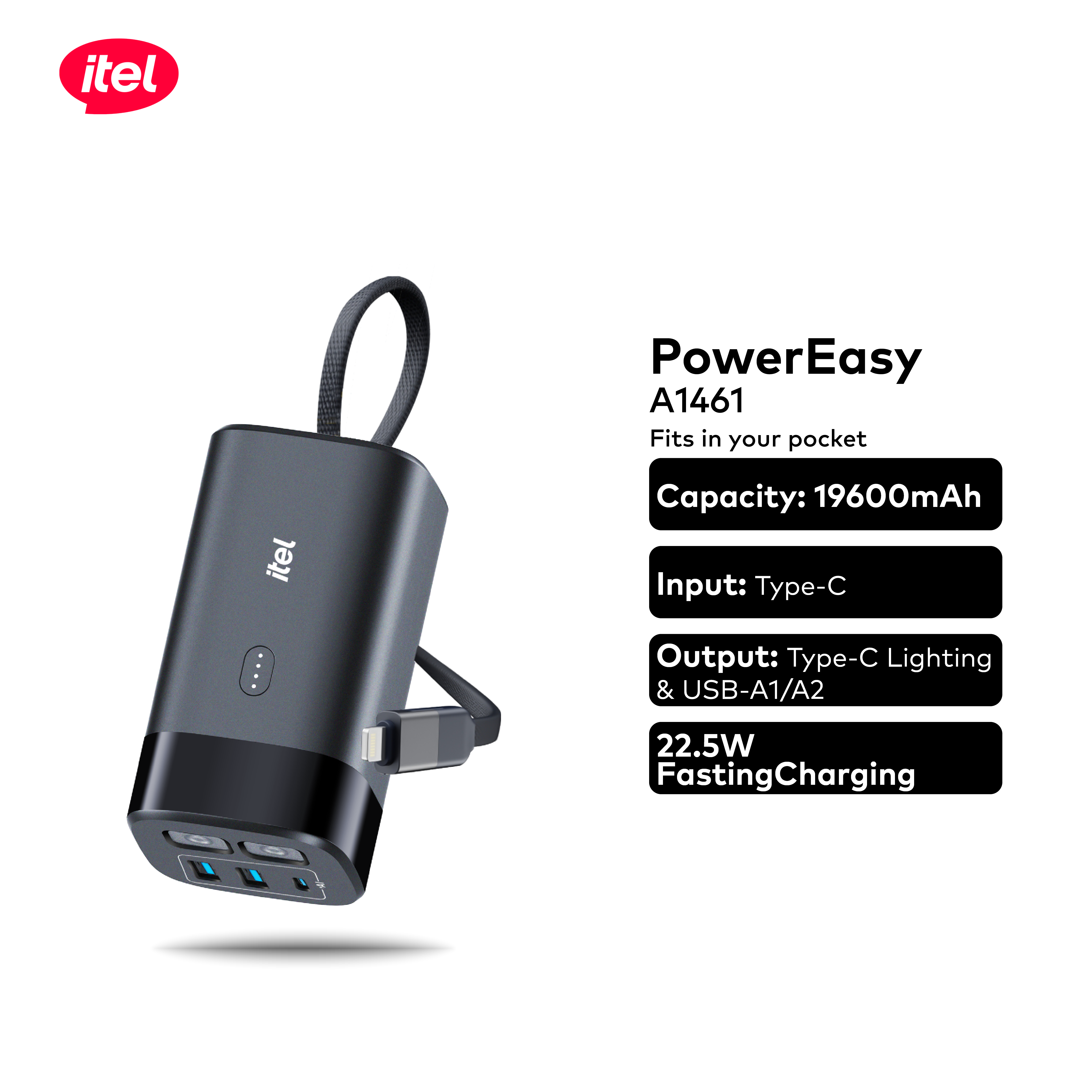 itel PowerEasy1 20000 Built-In-Cable Lightning And TypeC 22.5W A1461
