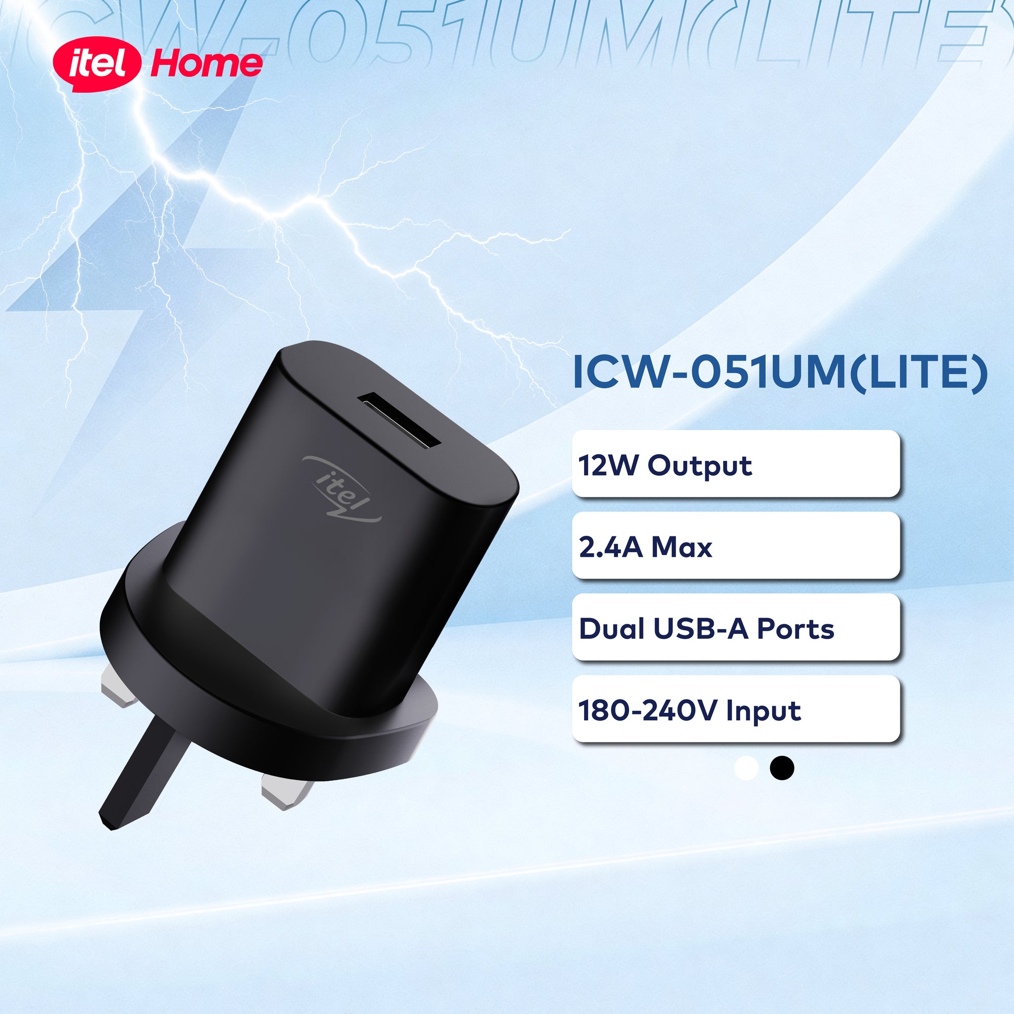itel ICW-051UM (LITE) – 12W Dual USB-A Charger with 2.4A Max Output