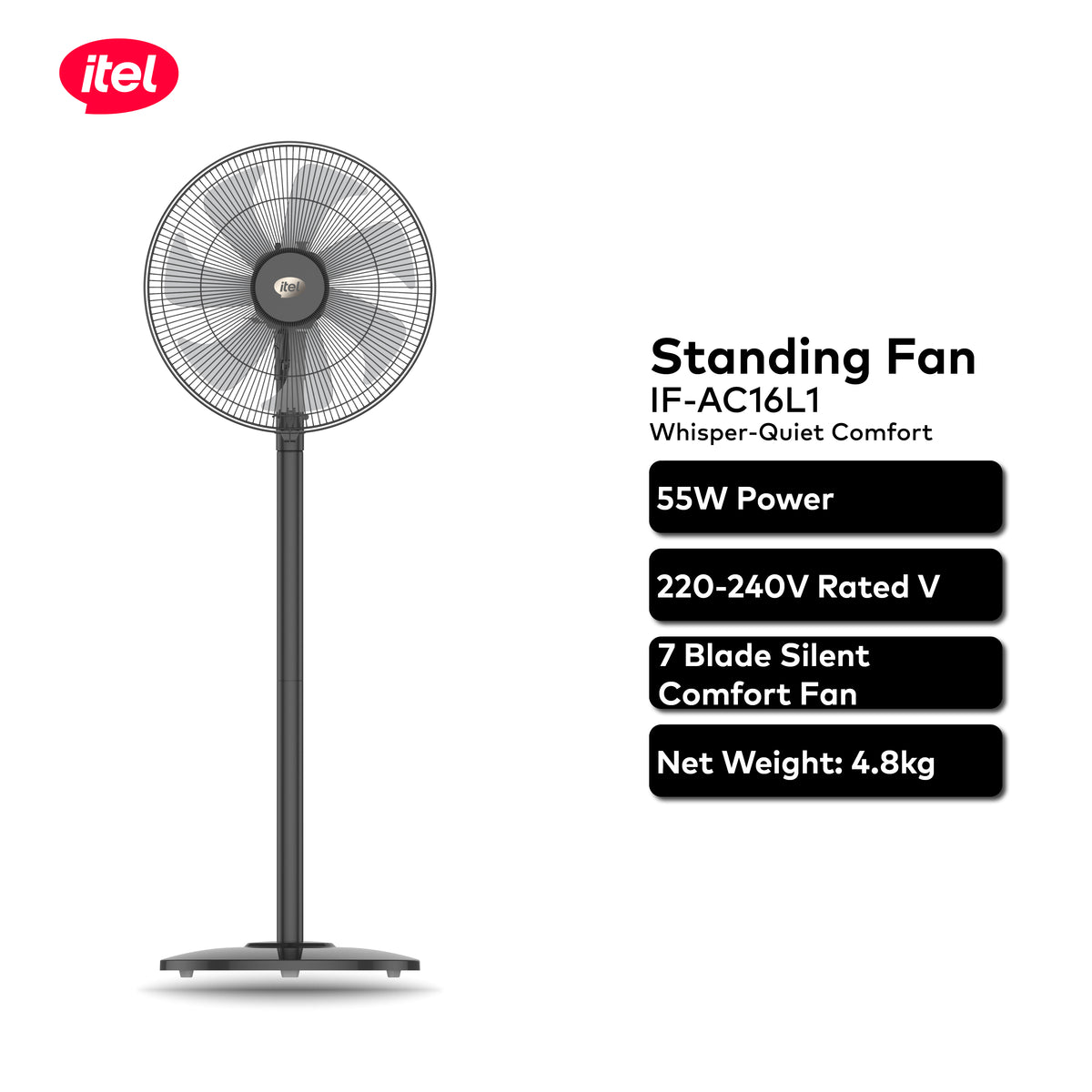 itel IF-AC16L1 16-Inch Standing Fan – 55W, 7-Blade Silent Comfort Fan