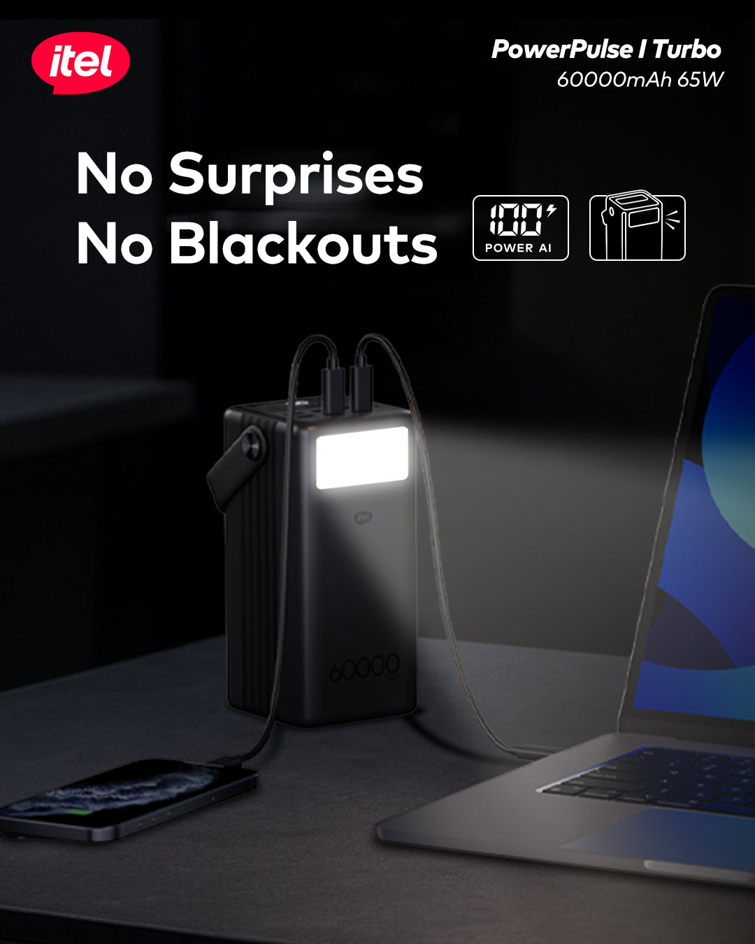 PowerPulse Turbo A1990 PowerBank 60000mAh 65W Fast Charging Laptop Compatibility