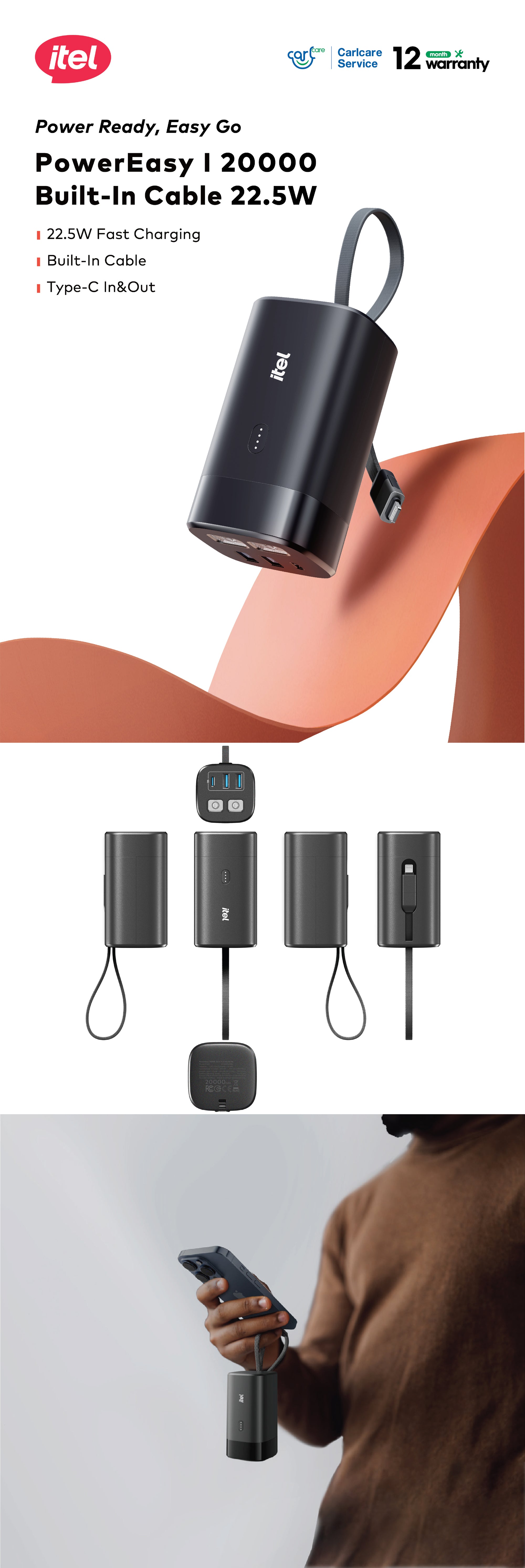itel PowerEasy1 20000 Built-In-Cable Lightning And TypeC 22.5W A1461