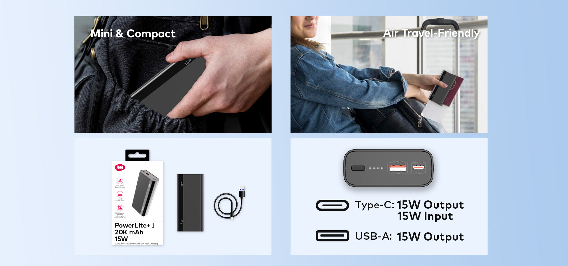 itel 20000mAh T162 15W Type-C Output Fast Charging Power Bank