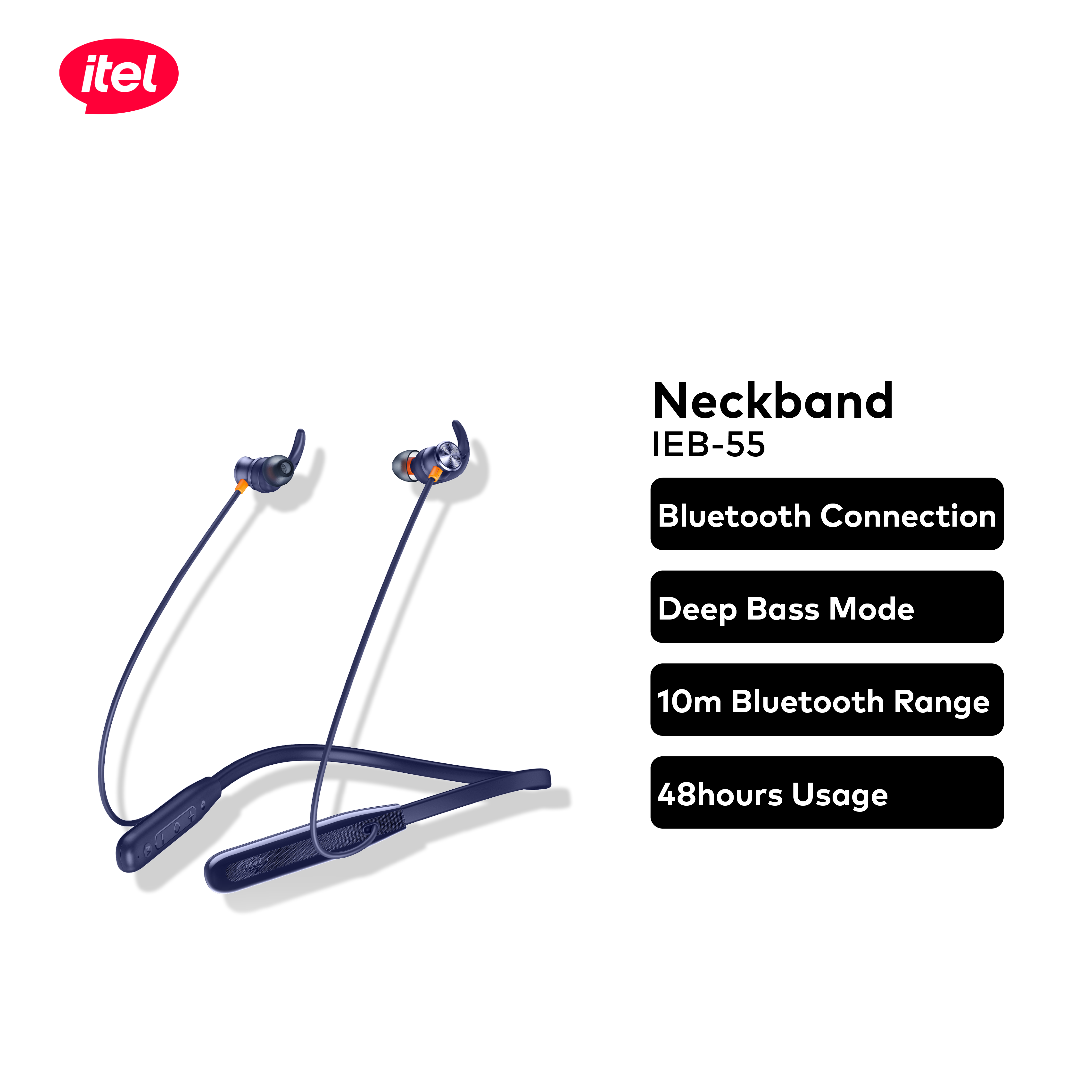 itel IEB-55 – Neckband Earphones with Bluetooth 5.0 & Deep Bass Mode